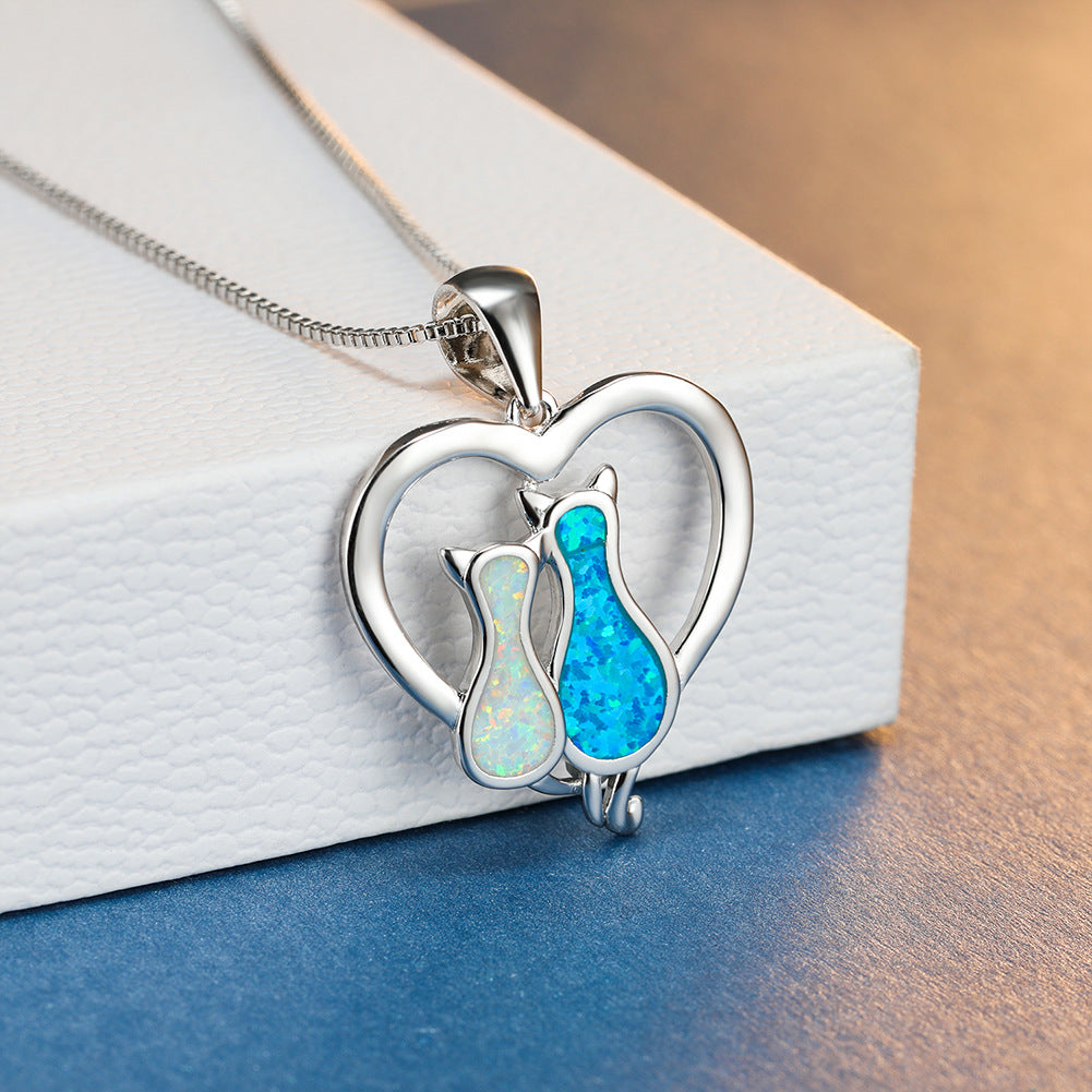 Japanese Cute Cat Opal Pendant Necklace - Whimsical Jewelry