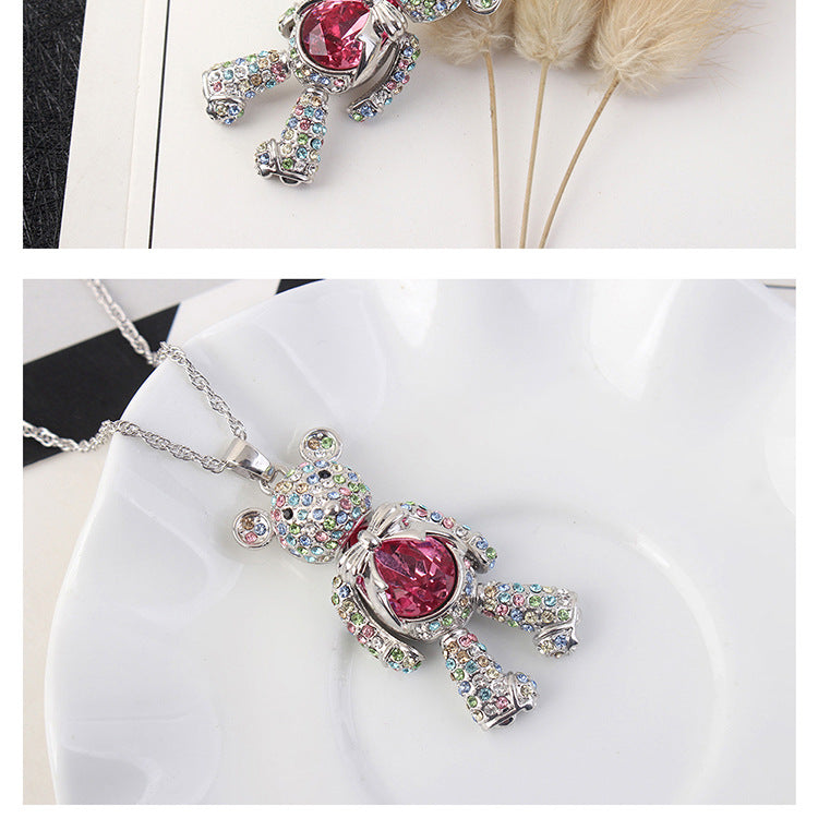 Charming Bear Crystal Necklace with Diamond Pendant