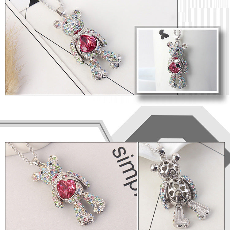 Charming Bear Crystal Necklace with Diamond Pendant