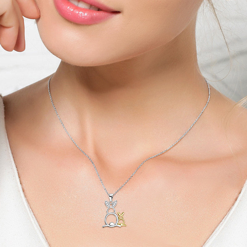 Cute Gold & Silver Rabbits Pendant 925 Silver Necklace