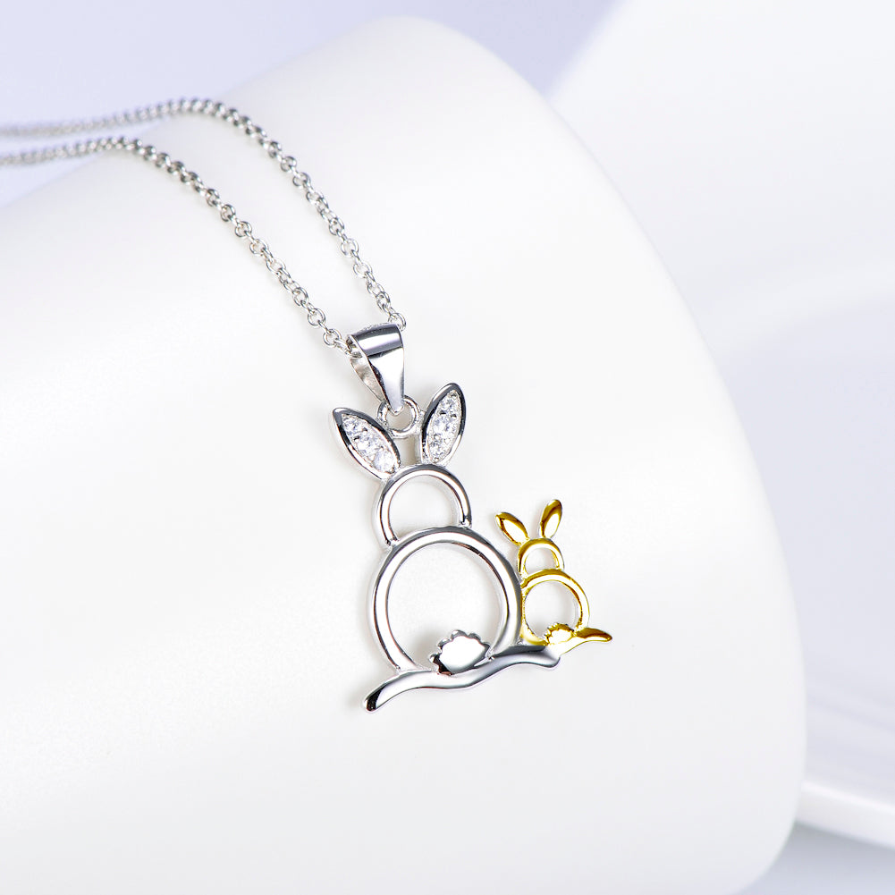 Cute Gold & Silver Rabbits Pendant 925 Silver Necklace