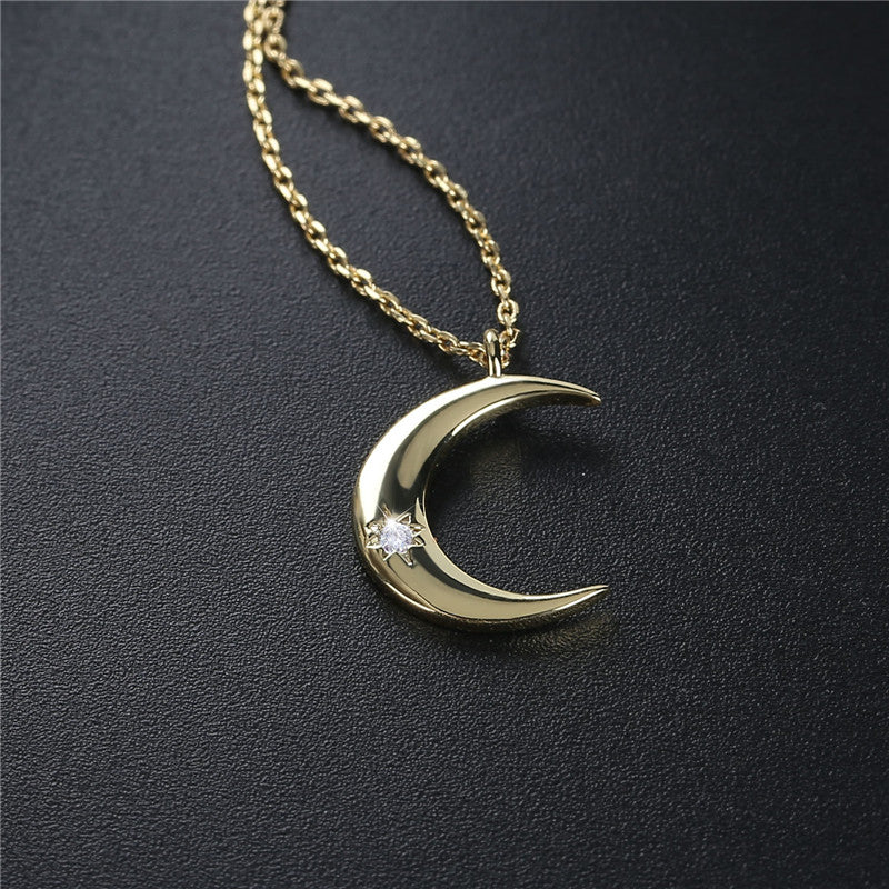 Golden Zircon Crescent Necklace - Celestial Pendant