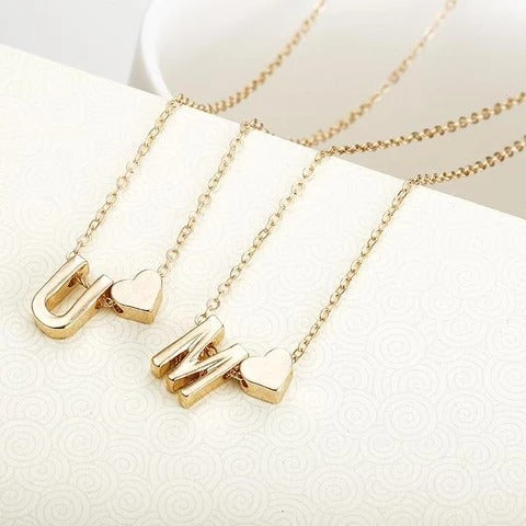 Peach Heart Shaped Letter Pendant on Alloy Necklace