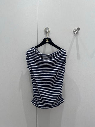 CC 25 Striped One-shoulder Short-sleeved T-shirt Cotton