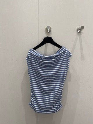 CC 25 Striped One-shoulder Short-sleeved T-shirt Cotton