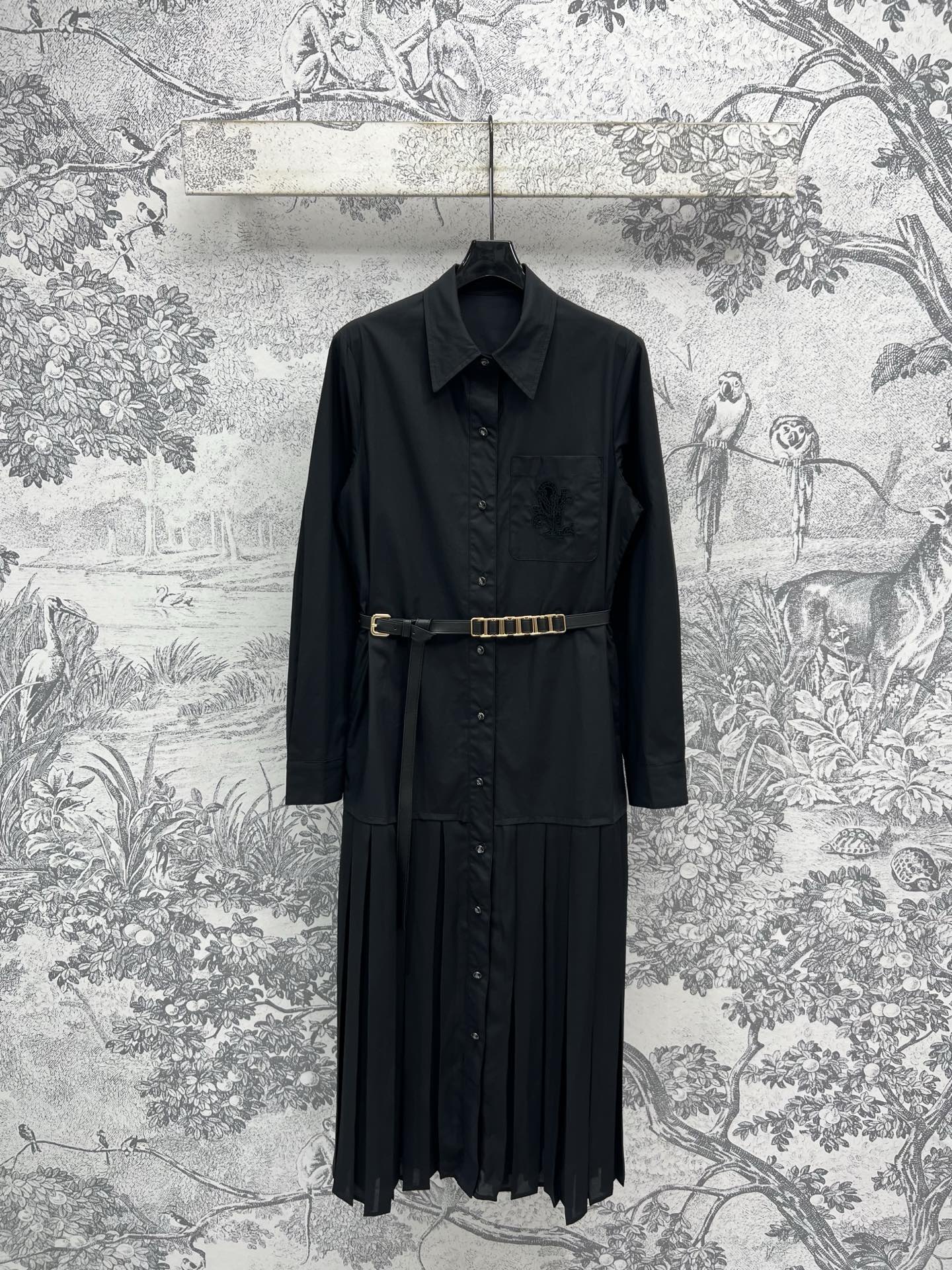 LV 25 Pleated Design Belt That Pinches Waist Dress Black White Cotton