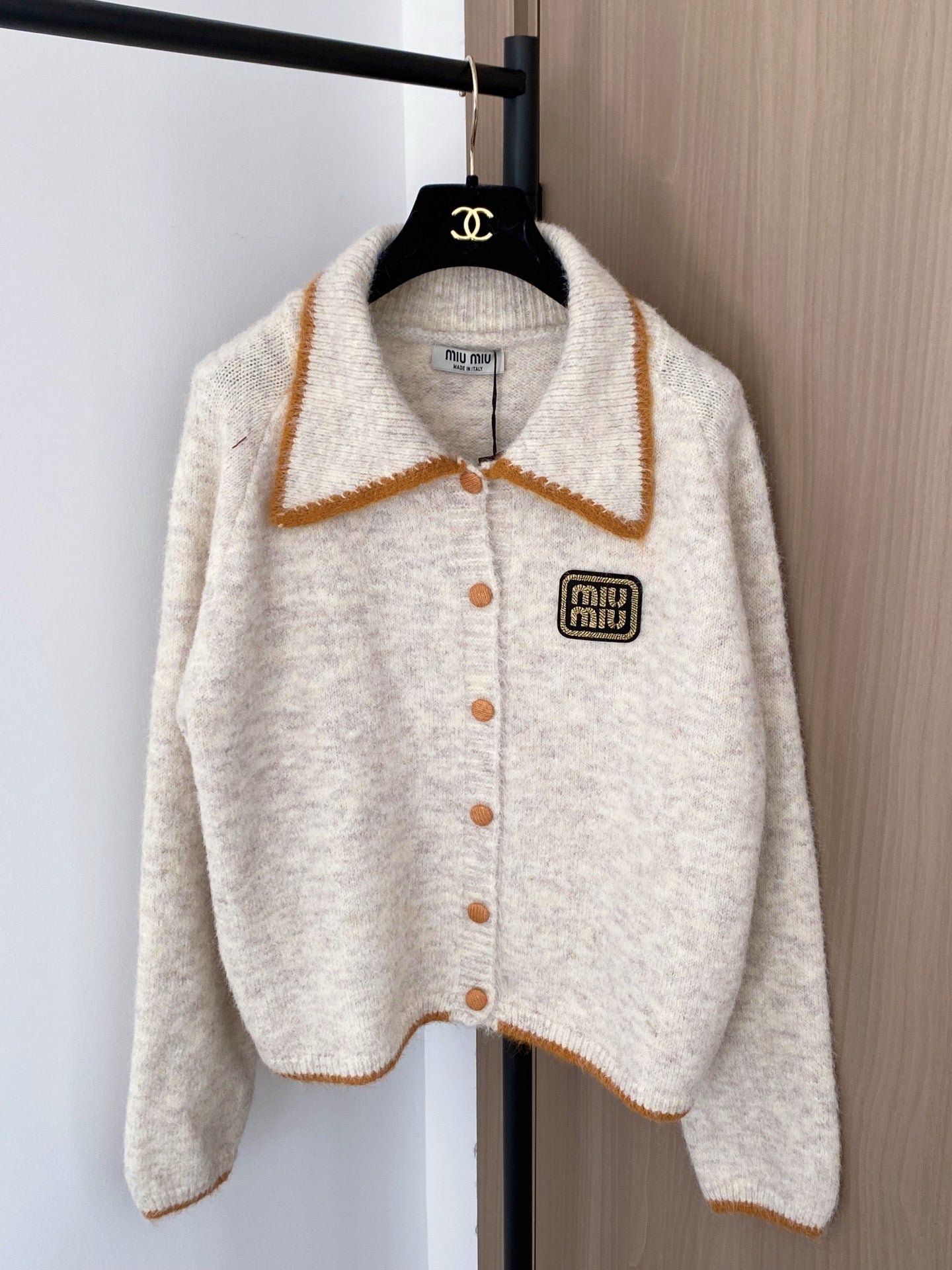 Miumiu 2025 Patch Cardigan Gray and Beige Wool