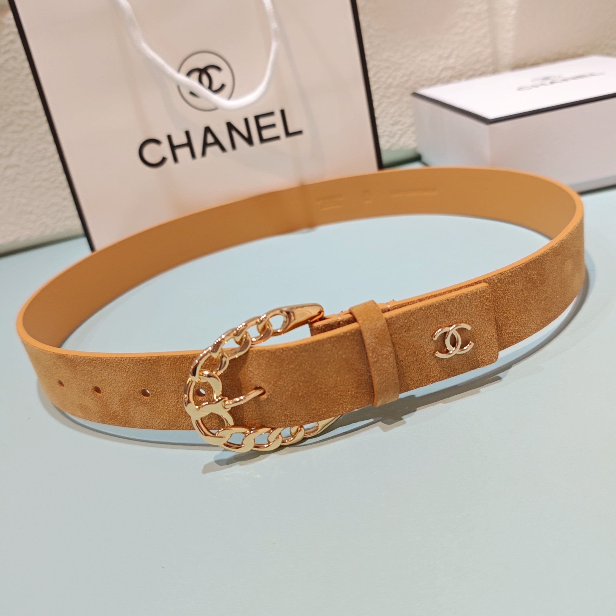 CC Belt 3.0CM Camel Brown Suede Gold Buckle 198423