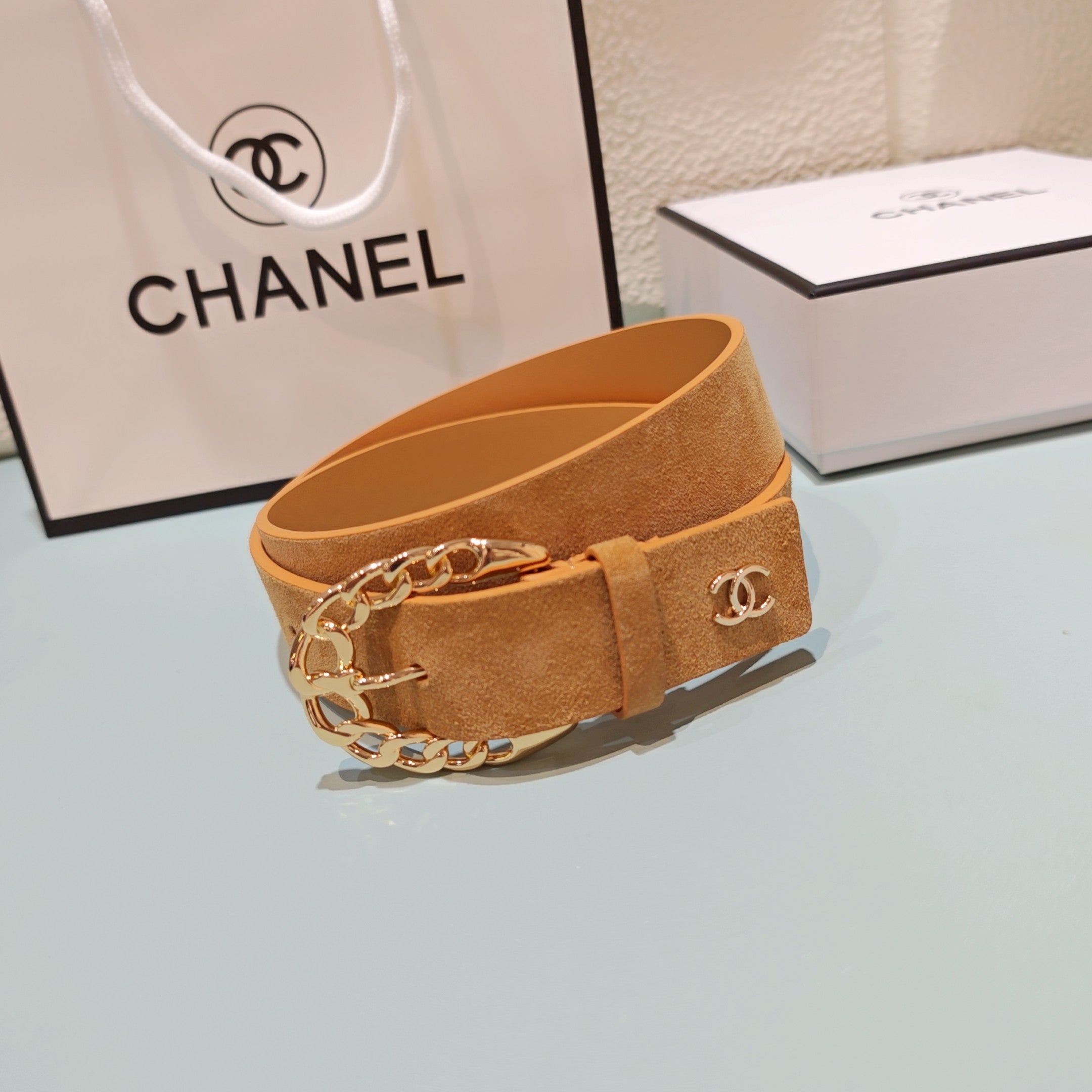 CC Belt 3.0CM Camel Brown Suede Gold Buckle 198423
