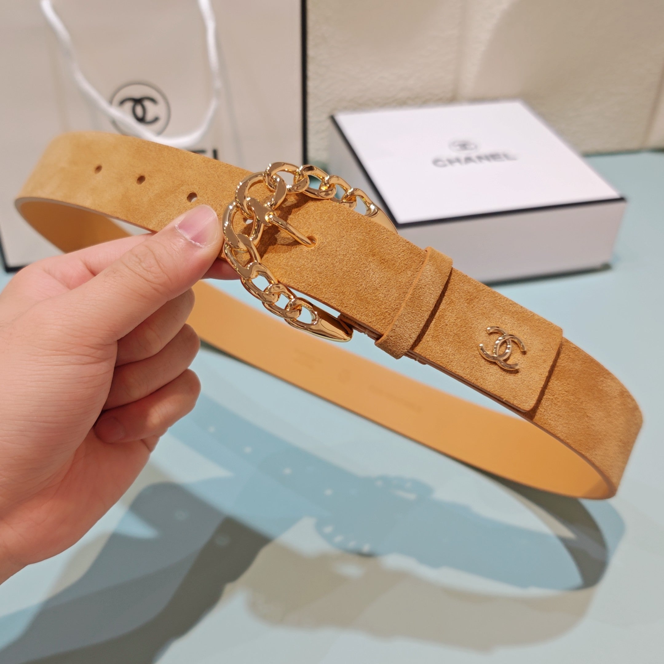 CC Belt 3.0CM Camel Brown Suede Gold Buckle 198423