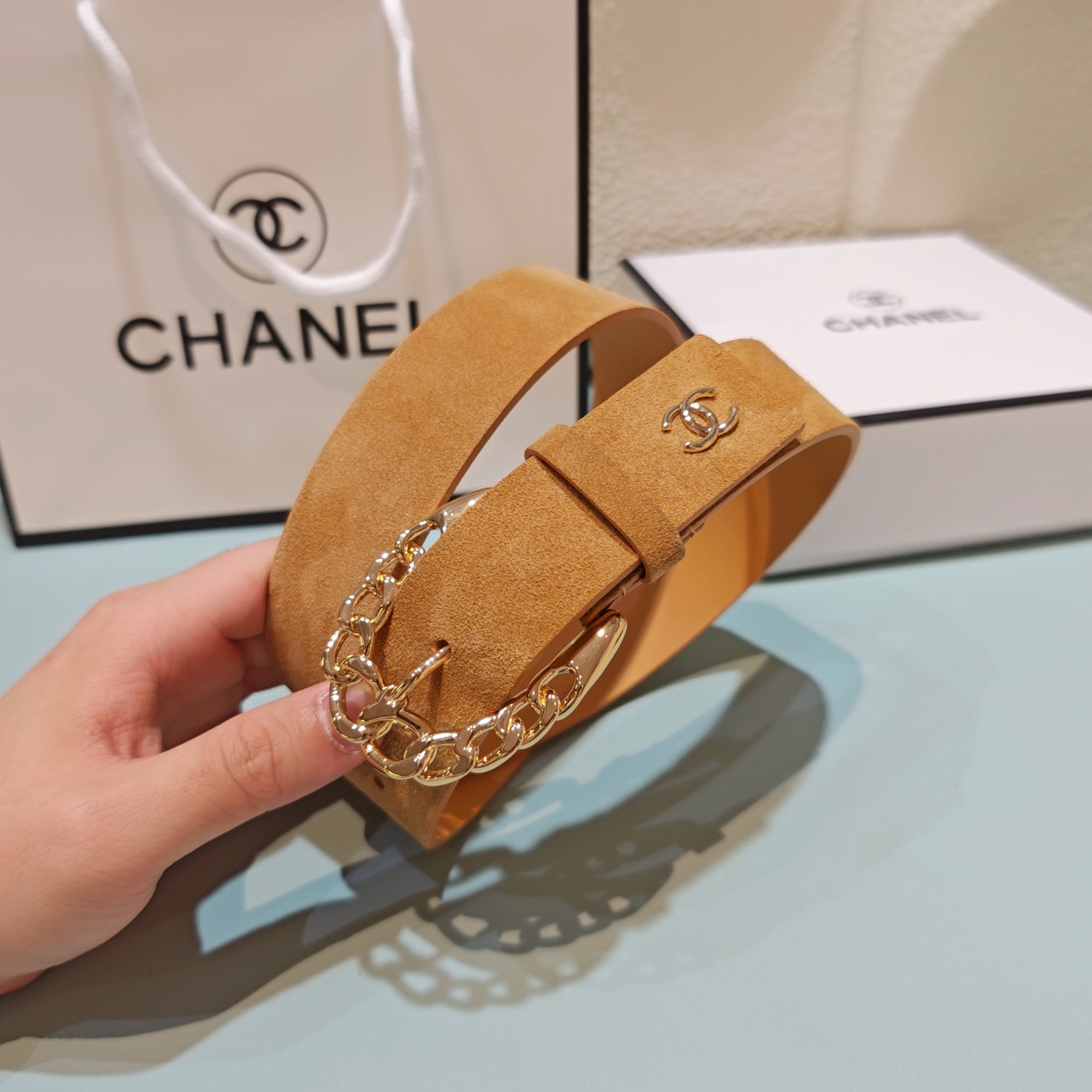 CC Belt 3.0CM Camel Brown Suede Gold Buckle 198423