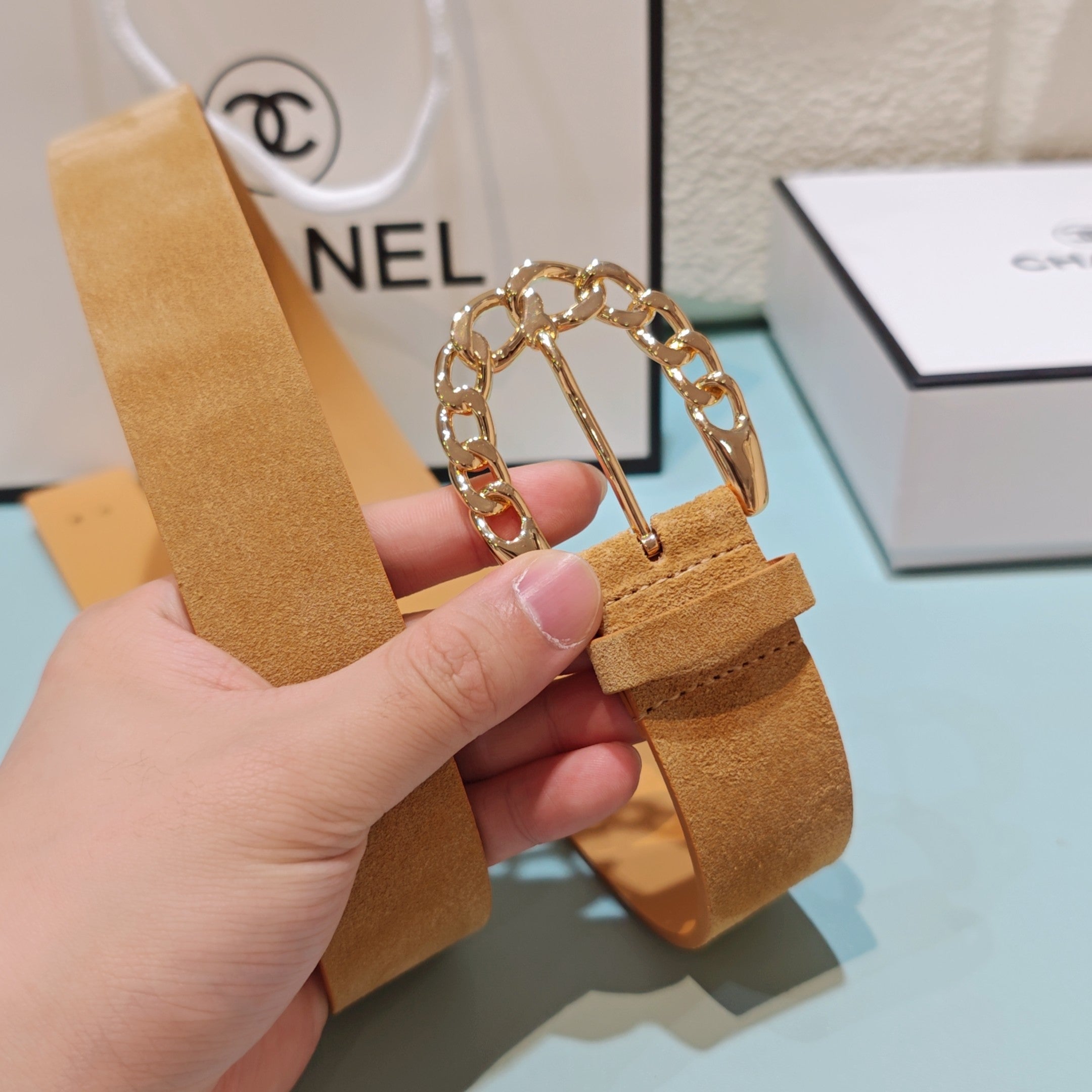 CC Belt 3.0CM Camel Brown Suede Gold Buckle 198423