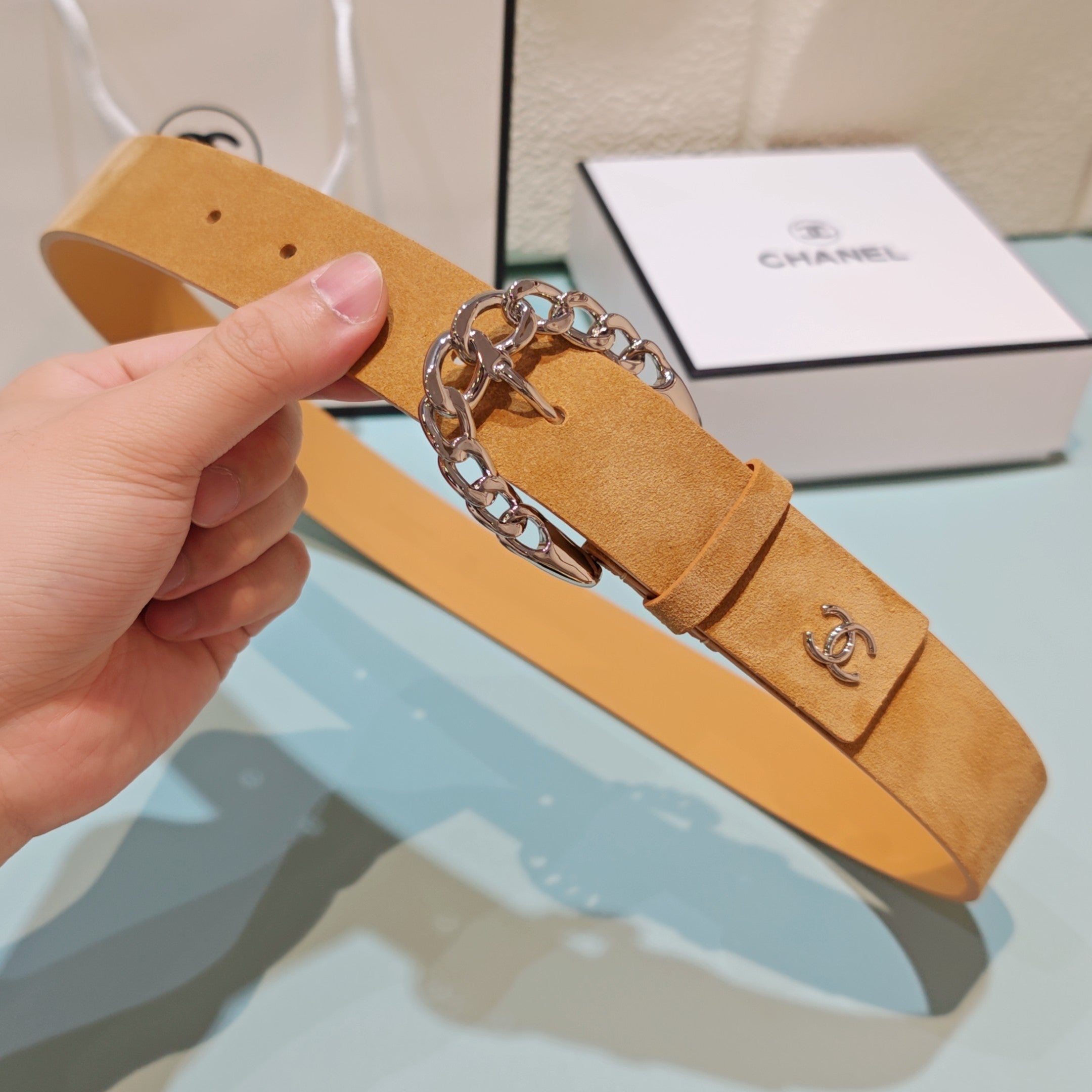 CC Belt 3.0CM Camel Brown Suede Sliver Buckle 198422