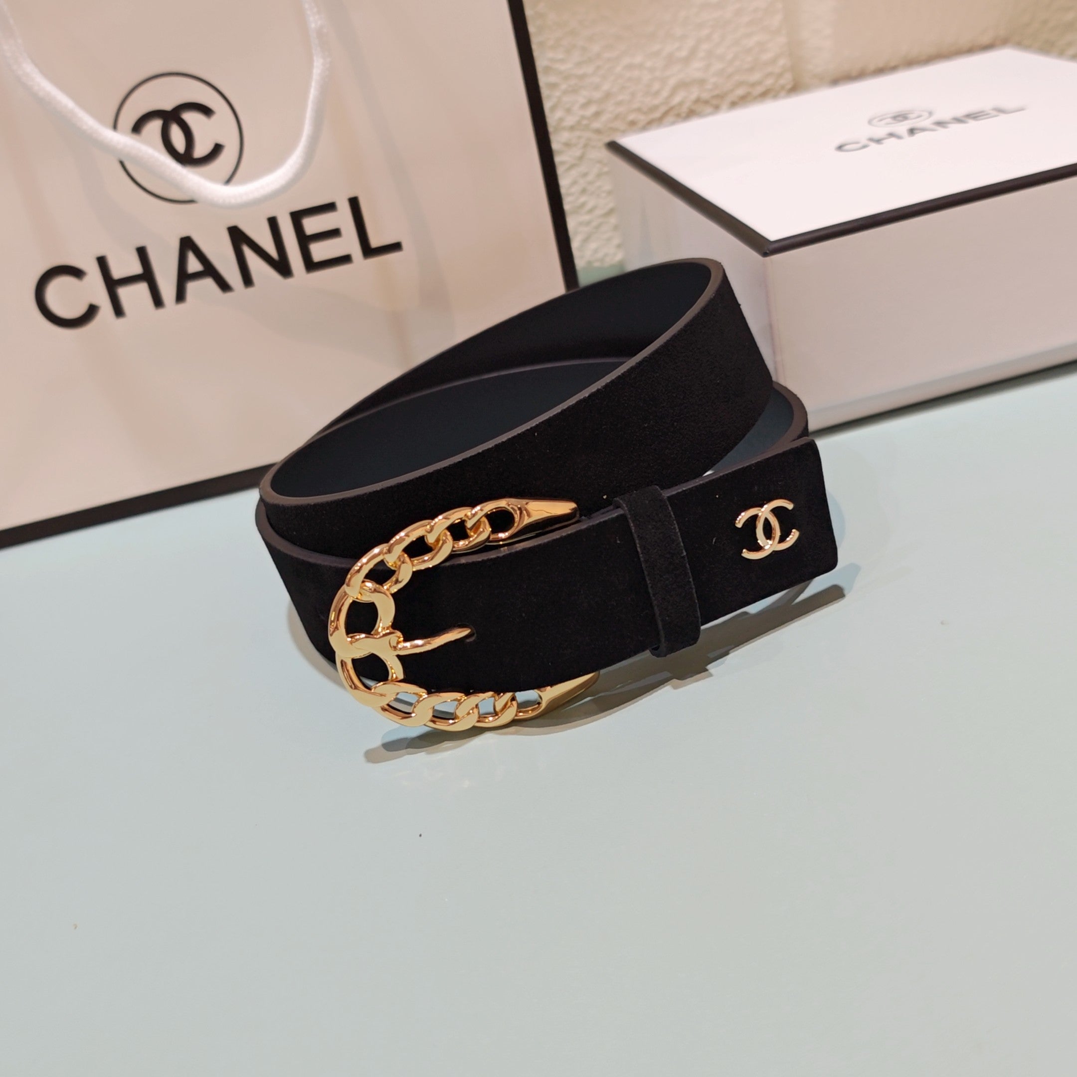 CC Belt 3.0CM Black Suede Gold Buckle 198421