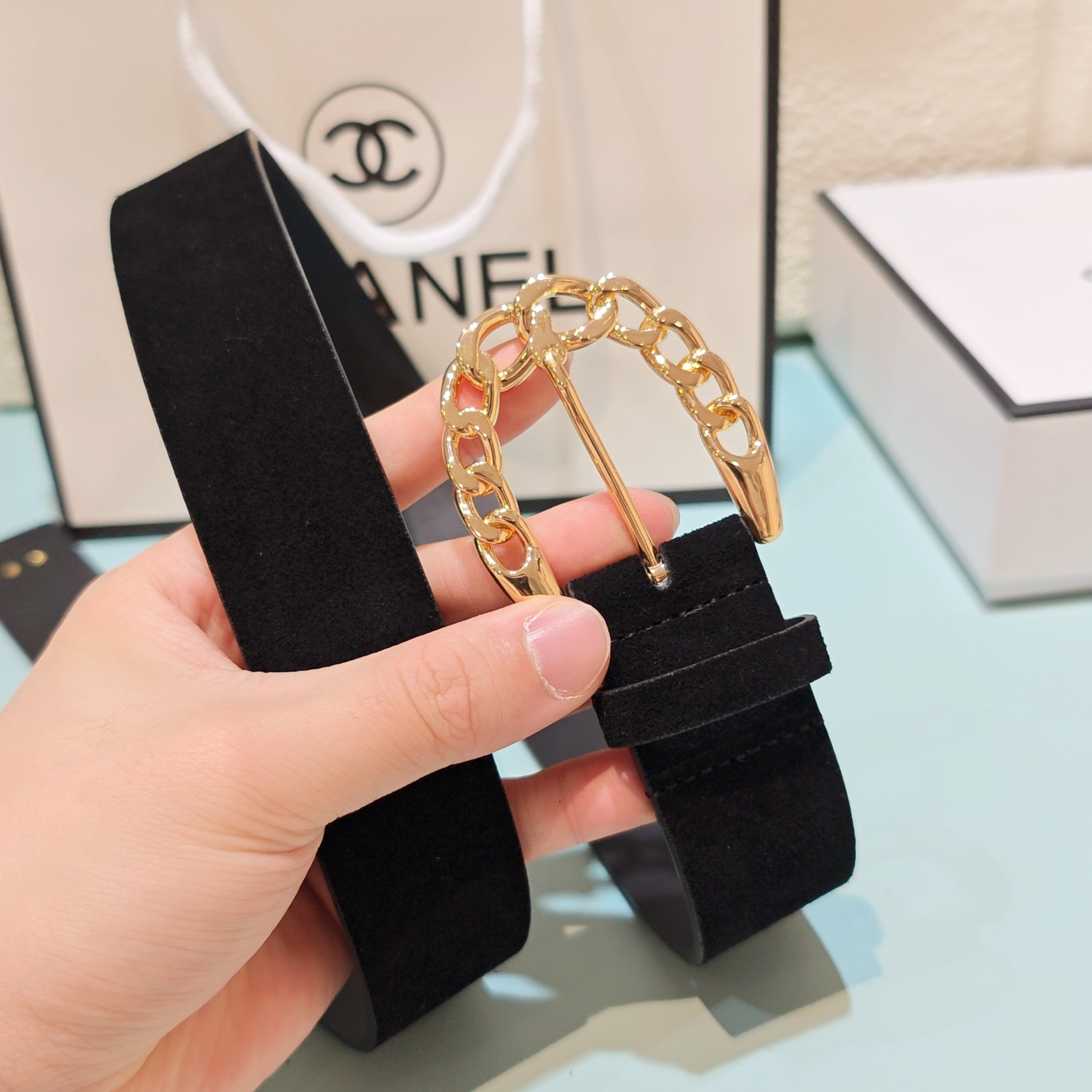 CC Belt 3.0CM Black Suede Gold Buckle 198421