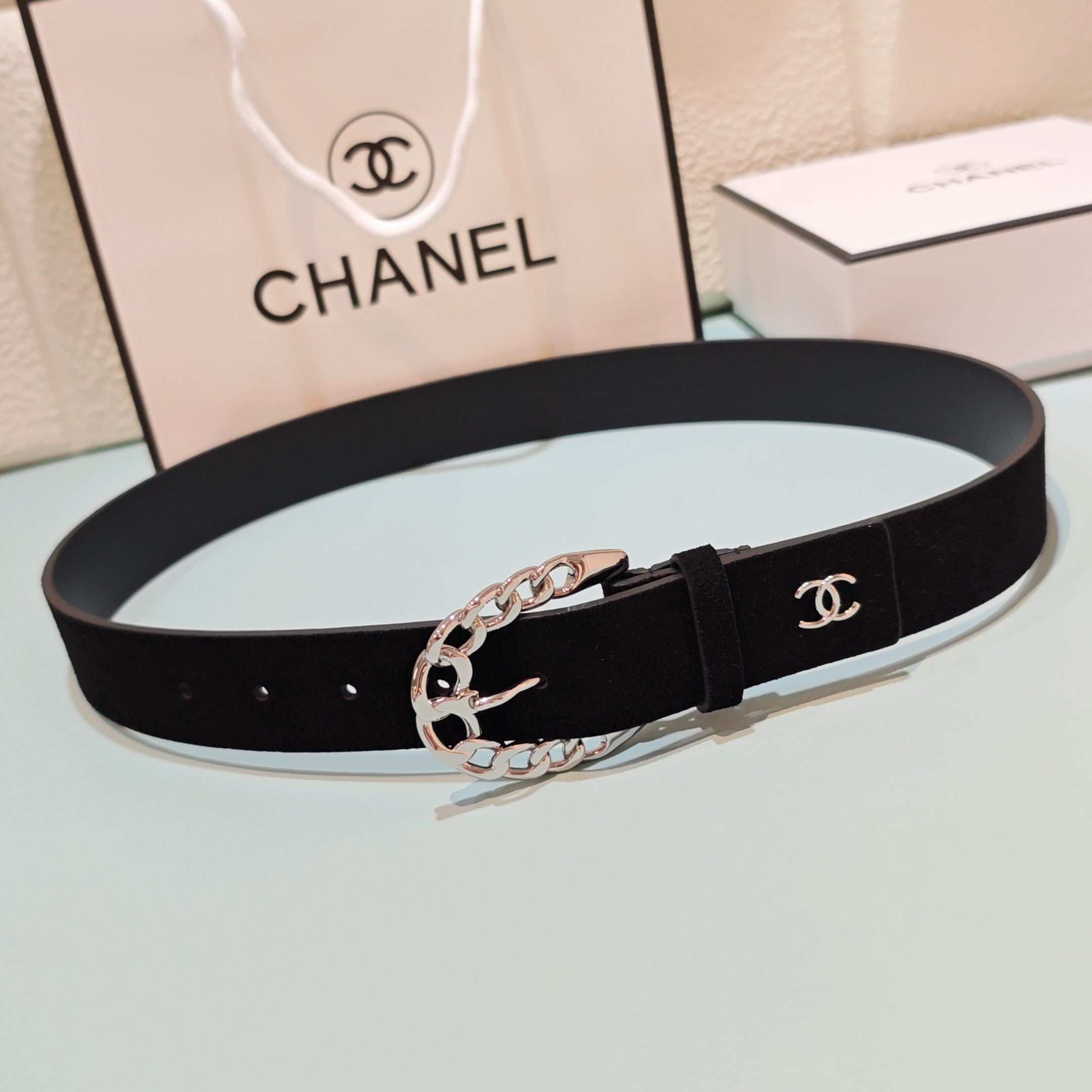 CC Belt 3.0CM Black Suede Sliver Buckle 198420