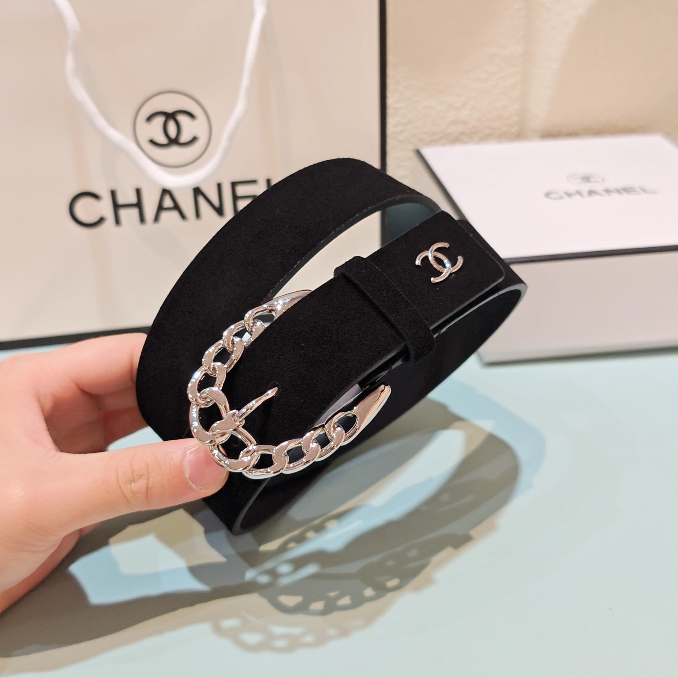 CC Belt 3.0CM Black Suede Sliver Buckle 198420