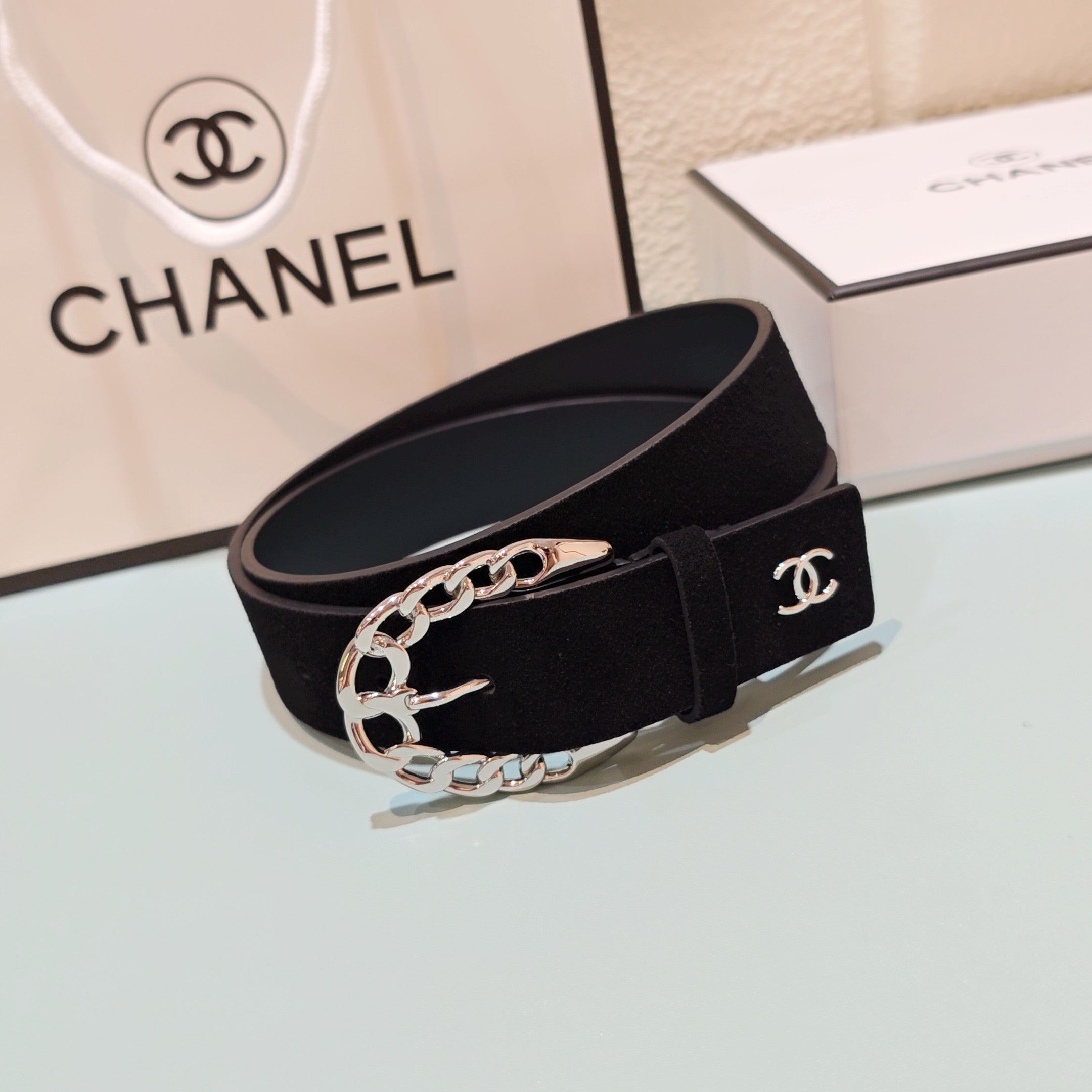 CC Belt 3.0CM Black Suede Sliver Buckle 198420