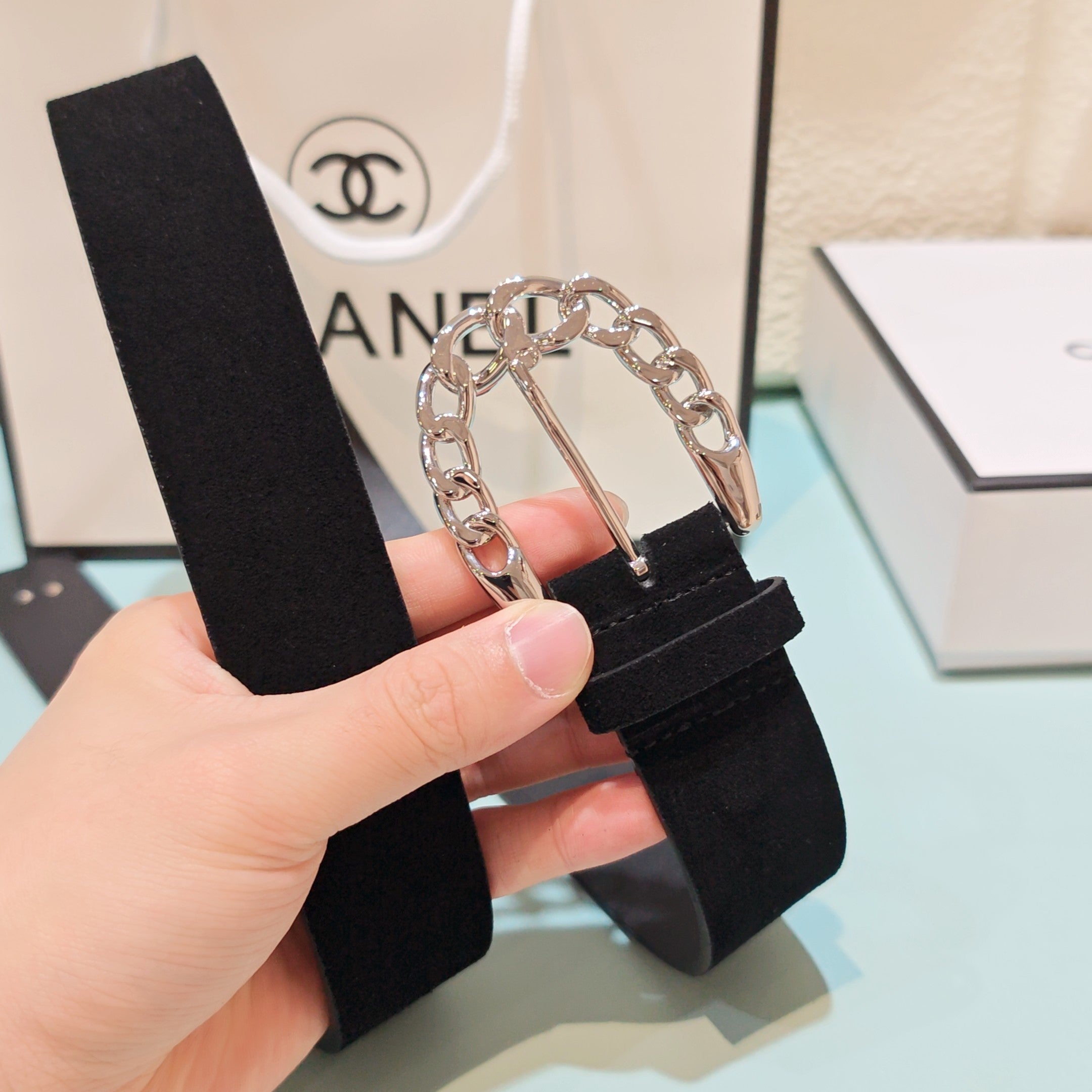 CC Belt 3.0CM Black Suede Sliver Buckle 198420