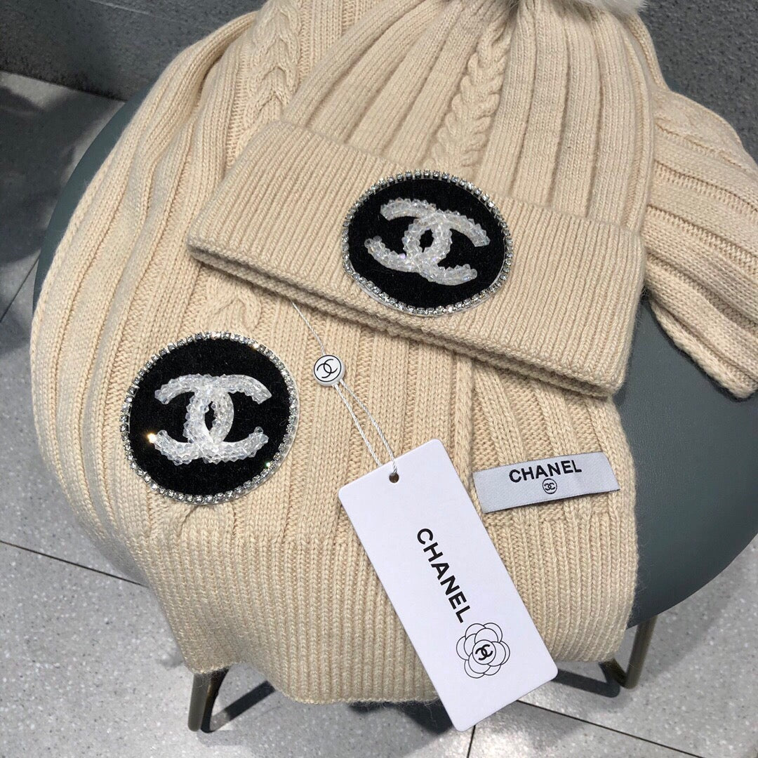 SET BEANIE HAT AND SCARF IN BISQUE BEIGE WOOL 424022