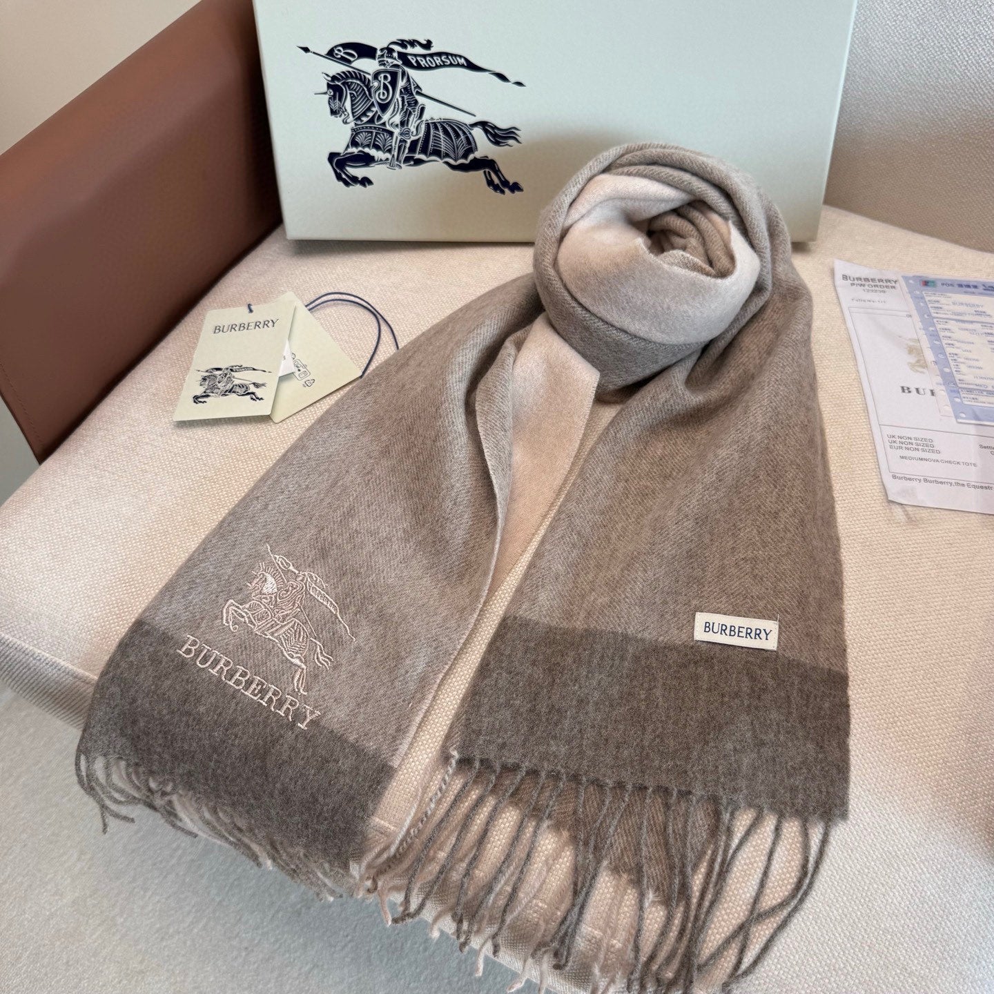 BBR Classic Embroidered Scarf 185CM Gray Brown Cashmere 292812