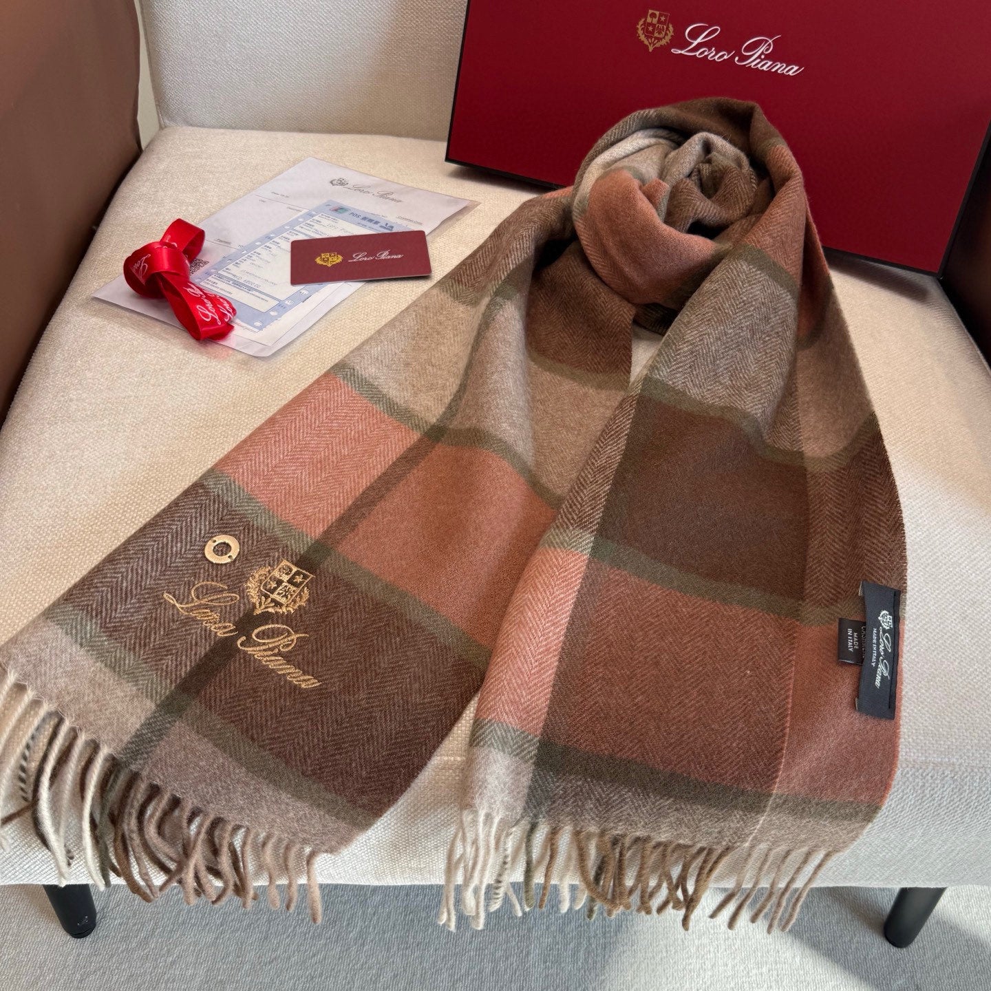 BBR Classic Embroidered Scarf 185CM Rose Brown Cashmere 292817
