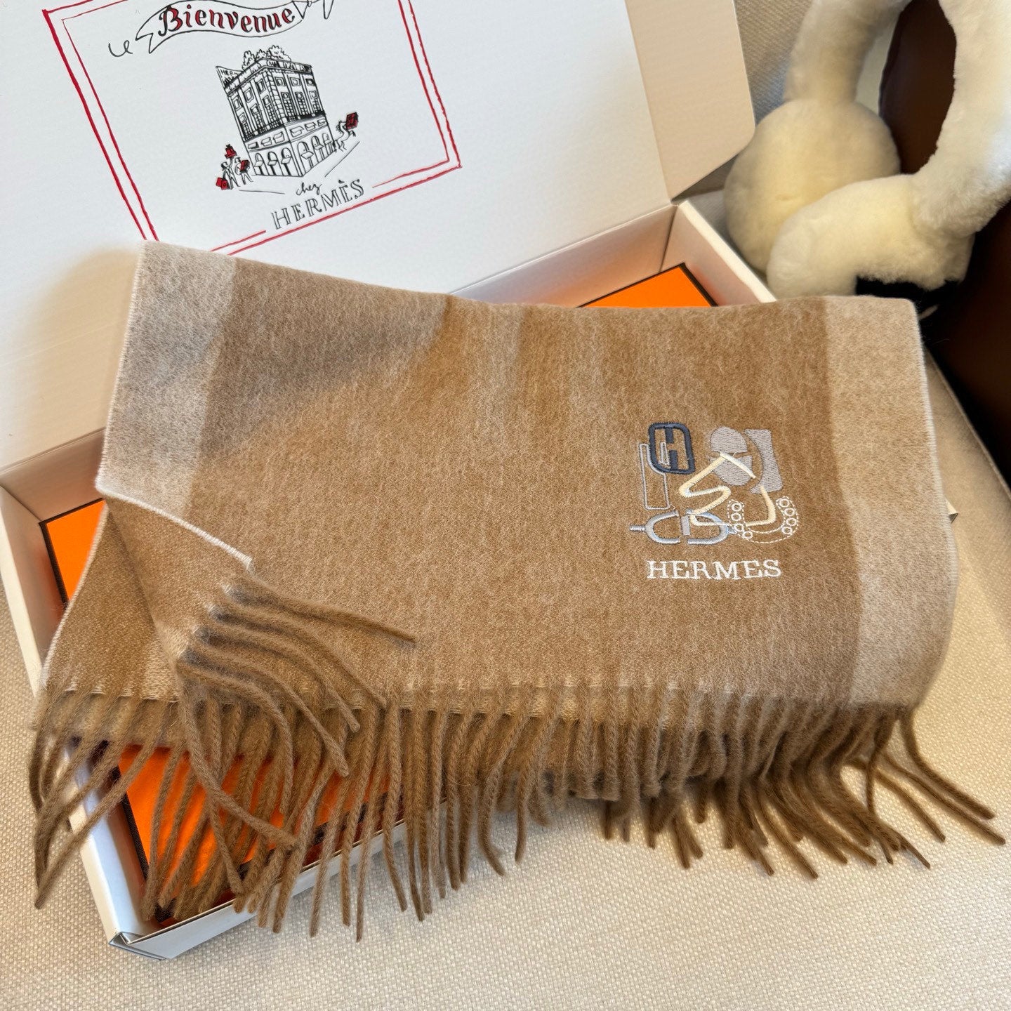 BBR Classic Embroidered Scarf 185CM Beige Cashmere 292823