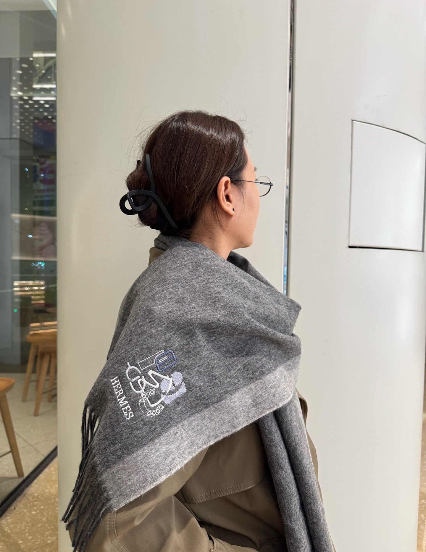 BBR Classic Embroidered Scarf 185CM Gray Cashmere 292824