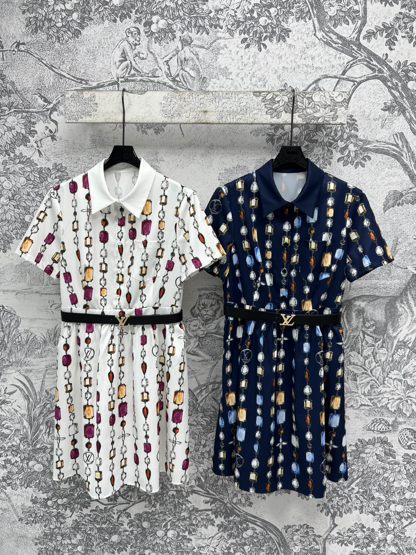 LV 25 Printed Round Neck Lining Pleated Dress White BLue Poliester